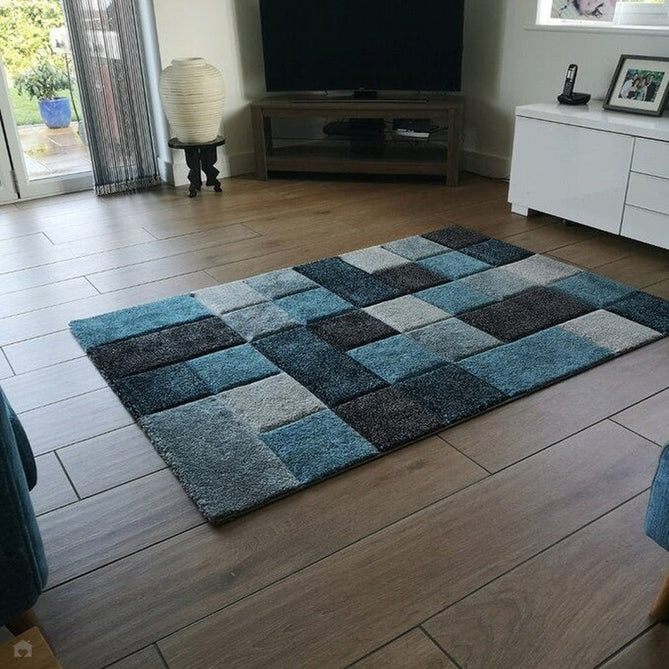 Brooklyn 646 Modern Geometric Tile Blocks Soft Carved Durable Short Pile Blue/Grey/Cream Rug-Think Rugs-Rug Love - The Most Loved Rug Store