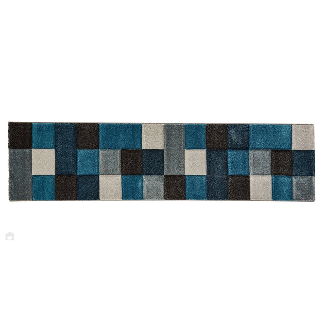 Brooklyn 646 Modern Geometric Tile Blocks Soft Carved Durable Short Pile Blue/Grey/Cream Runner-Think Rugs-Rug Love - The Most Loved Rug Store