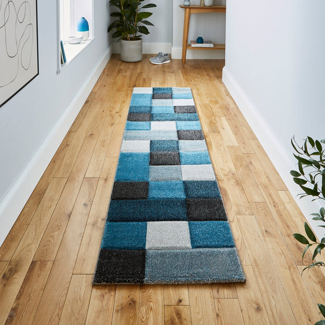 Brooklyn 646 Modern Geometric Tile Blocks Soft Carved Durable Short Pile Blue/Grey/Cream Runner-Think Rugs-Rug Love - The Most Loved Rug Store