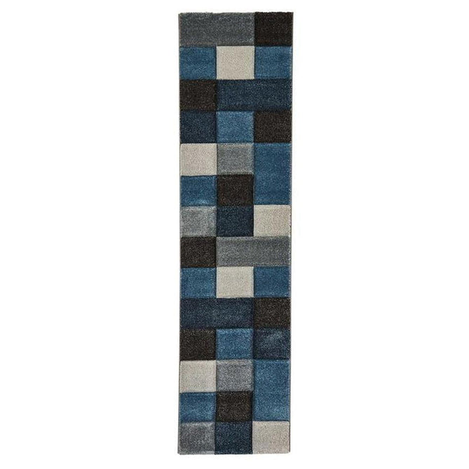 Brooklyn 646 Modern Geometric Tile Blocks Soft Carved Durable Short Pile Blue/Grey/Cream Runner-Think Rugs-Rug Love - The Most Loved Rug Store