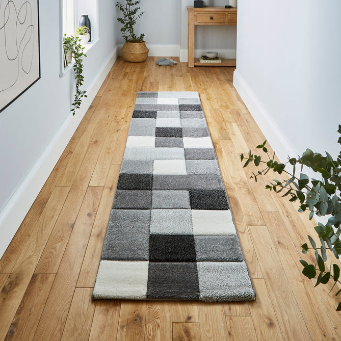 Brooklyn 646 Modern Geometric Tile Blocks Soft Carved Durable Short Pile Grey/Cream Runner-Think Rugs-Rug Love - The Most Loved Rug Store