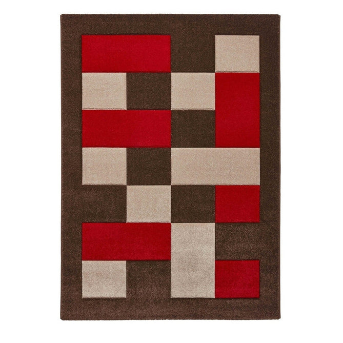 Brooklyn BRK04 Modern Geometric Patchwork Blocks Border Soft Carved Durable Short Pile Brown/Red/Beige Rug-Think Rugs-Rug Love - The Most Loved Rug Store