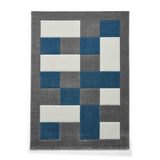 Brooklyn BRK04 Modern Geometric Patchwork Blocks Border Soft Carved Durable Short Pile Grey/Blue/Cream Rug