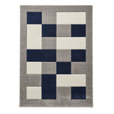 Brooklyn BRK04 Modern Geometric Patchwork Blocks Border Soft Carved Durable Short Pile Grey/Navy/Cream Rug