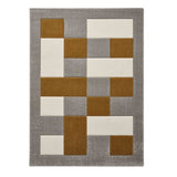 Brooklyn BRK04 Modern Geometric Patchwork Blocks Border Soft Carved Durable Short Pile Grey/Yellow/Cream Rug