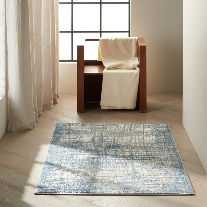 CK Rush CK950 Modern Crosshatched Linear Abstract Distressed Hi-Low Textured Low-Profile Short-Pile Ivory/Blue Rug-Calvin Klein-Rug Love - The Most Loved Rug Store