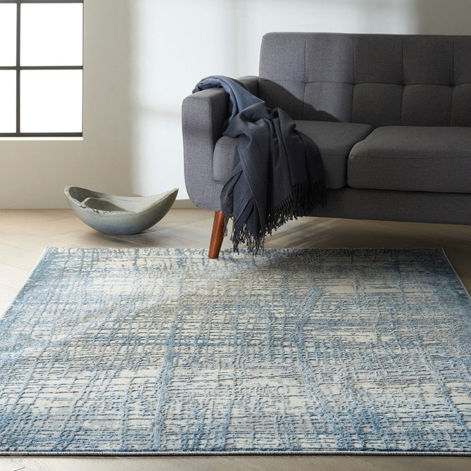CK Rush CK950 Modern Crosshatched Linear Abstract Distressed Hi-Low Textured Low-Profile Short-Pile Ivory/Blue Rug-Calvin Klein-Rug Love - The Most Loved Rug Store