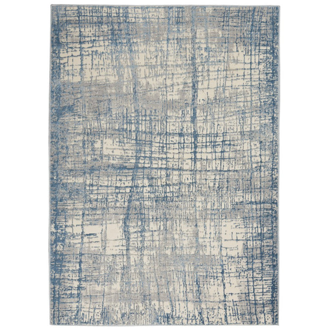 CK Rush CK950 Modern Crosshatched Linear Abstract Distressed Hi-Low Textured Low-Profile Short-Pile Ivory/Blue Rug-Calvin Klein-Rug Love - The Most Loved Rug Store