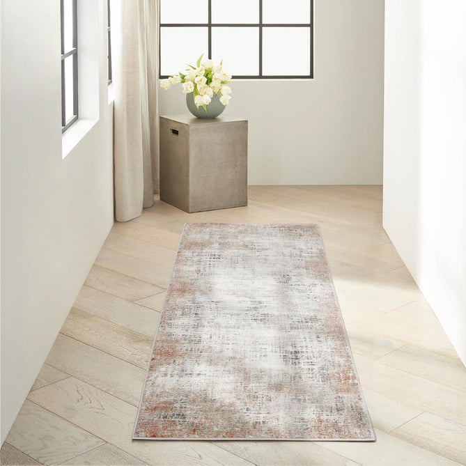 Calvin Klein CK022 Infinity IFN01 Modern Abstract Grid Distressed Shimmer Hi-Low Textured Polyester Low Profile Short Pile Light Grey/Charcoal Grey/Rust/Chalk White/Taupe Runner-Calvin Klein-Rug Love - The Most Loved Rug Store