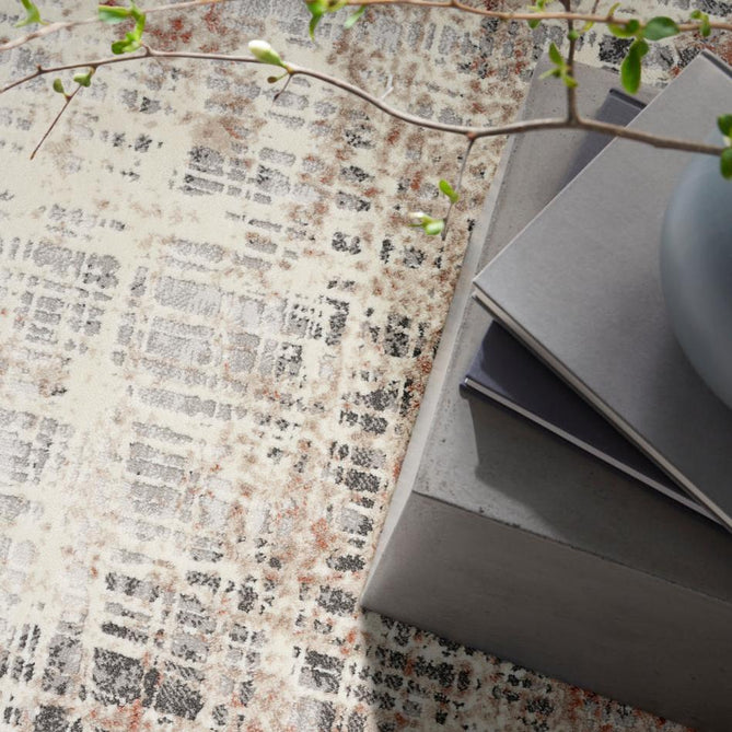 Calvin Klein CK022 Infinity IFN01 Modern Abstract Grid Distressed Shimmer Hi-Low Textured Polyester Low Profile Short Pile Light Grey/Charcoal Grey/Rust/Chalk White/Taupe Runner-Calvin Klein-Rug Love - The Most Loved Rug Store