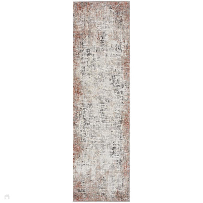 Calvin Klein CK022 Infinity IFN01 Modern Abstract Grid Distressed Shimmer Hi-Low Textured Polyester Low Profile Short Pile Light Grey/Charcoal Grey/Rust/Chalk White/Taupe Runner-Calvin Klein-Rug Love - The Most Loved Rug Store
