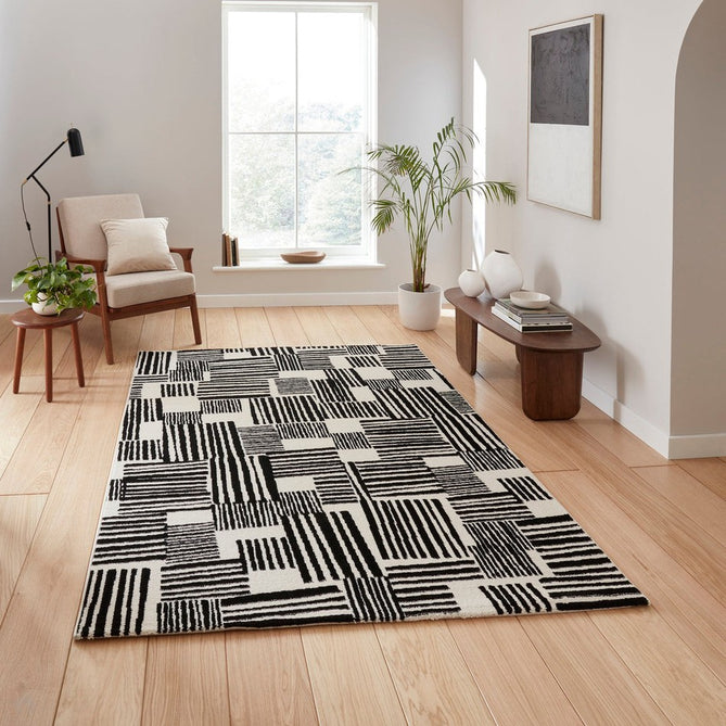 Catherine Lansfield Blocks Modern Geometric Durable Easy-Care Carved High Density Polyproplyene Black/Cream Rug-Think Rugs-Rug Love - The Most Loved Rug Store