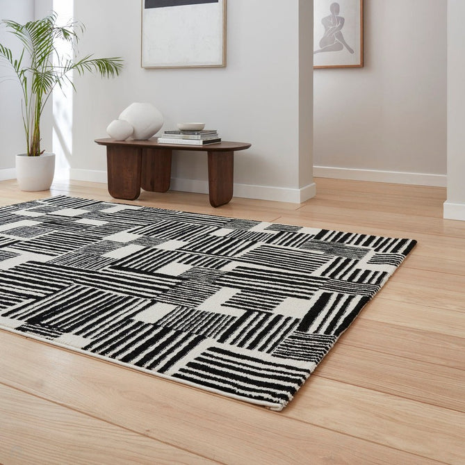 Catherine Lansfield Blocks Modern Geometric Durable Easy-Care Carved High Density Polyproplyene Black/Cream Rug-Think Rugs-Rug Love - The Most Loved Rug Store