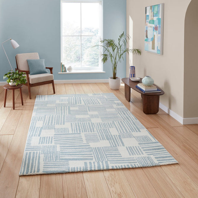 Catherine Lansfield Blocks Modern Geometric Durable Easy-Care Carved High Density Polyproplyene Blue/Cream Rug-Think Rugs-Rug Love - The Most Loved Rug Store