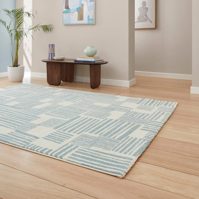 Catherine Lansfield Blocks Modern Geometric Durable Easy-Care Carved High Density Polyproplyene Blue/Cream Rug-Think Rugs-Rug Love - The Most Loved Rug Store