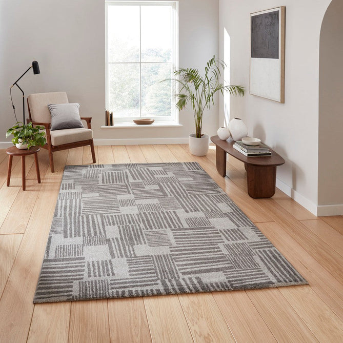 Catherine Lansfield Blocks Modern Geometric Durable Easy-Care Carved High Density Polyproplyene Dark Grey/Grey/Cream Rug-Think Rugs-Rug Love - The Most Loved Rug Store