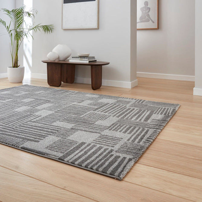 Catherine Lansfield Blocks Modern Geometric Durable Easy-Care Carved High Density Polyproplyene Dark Grey/Grey/Cream Rug-Think Rugs-Rug Love - The Most Loved Rug Store