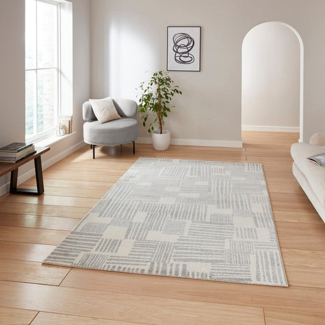 Catherine Lansfield Blocks Modern Geometric Durable Easy-Care Carved High Density Polyproplyene Grey/Cream Rug-Think Rugs-Rug Love - The Most Loved Rug Store