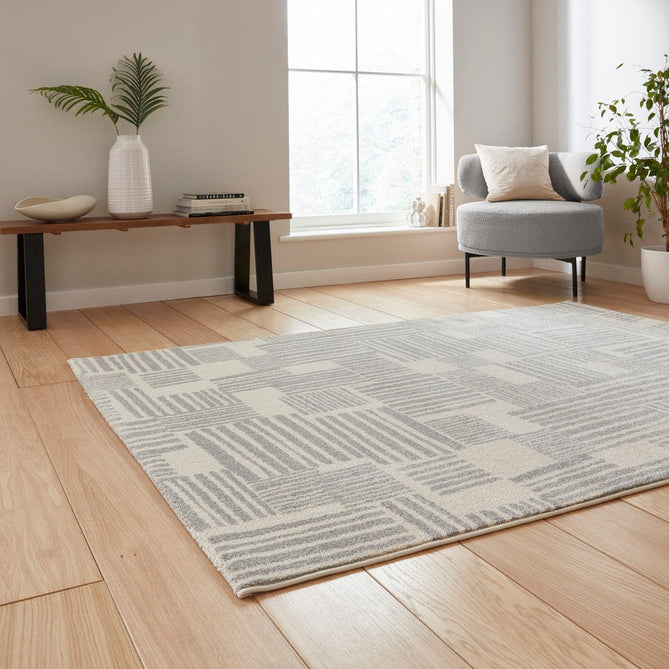 Catherine Lansfield Blocks Modern Geometric Durable Easy-Care Carved High Density Polyproplyene Grey/Cream Rug-Think Rugs-Rug Love - The Most Loved Rug Store