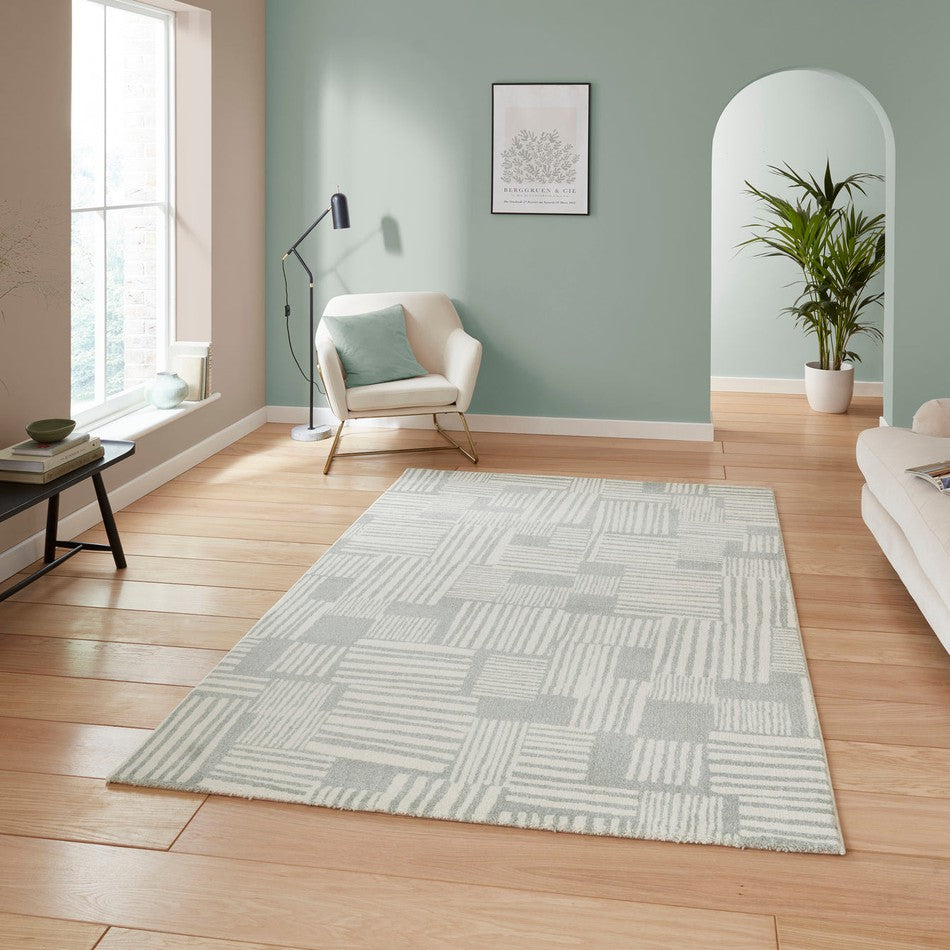 On Sale Catherine Lansfield Blocks Modern Abstract Sage Green/Cream Rug ...