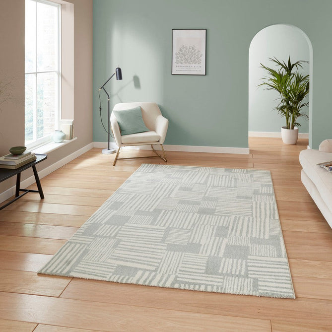 Catherine Lansfield Blocks Modern Geometric Durable Easy-Care Carved High Density Polyproplyene Light Sage Green/Cream Rug-Think Rugs-Rug Love - The Most Loved Rug Store