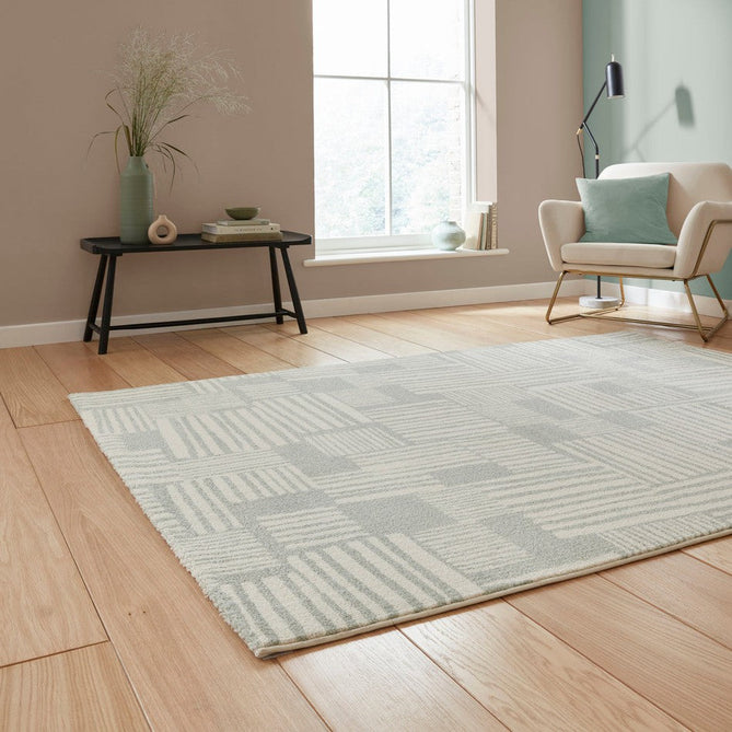 Catherine Lansfield Blocks Modern Geometric Durable Easy-Care Carved High Density Polyproplyene Light Sage Green/Cream Rug-Think Rugs-Rug Love - The Most Loved Rug Store