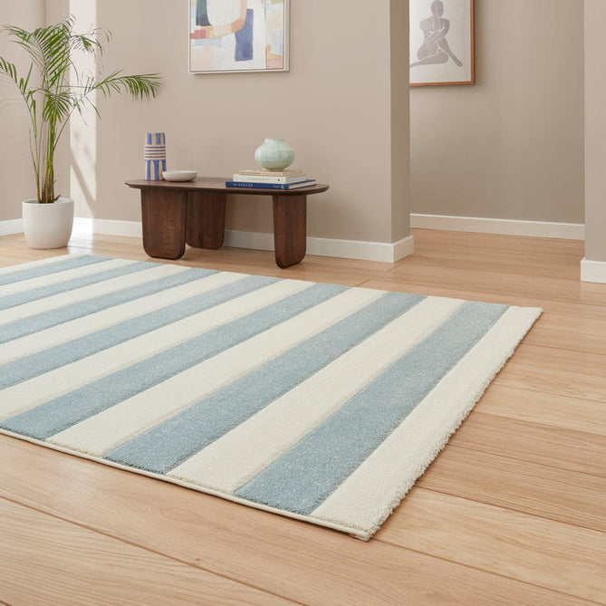 Catherine Lansfield Cove Stripe Modern Linear Durable Easy-Care Carved High Density Polyproplyene Blue/Cream Rug-Think Rugs-Rug Love - The Most Loved Rug Store