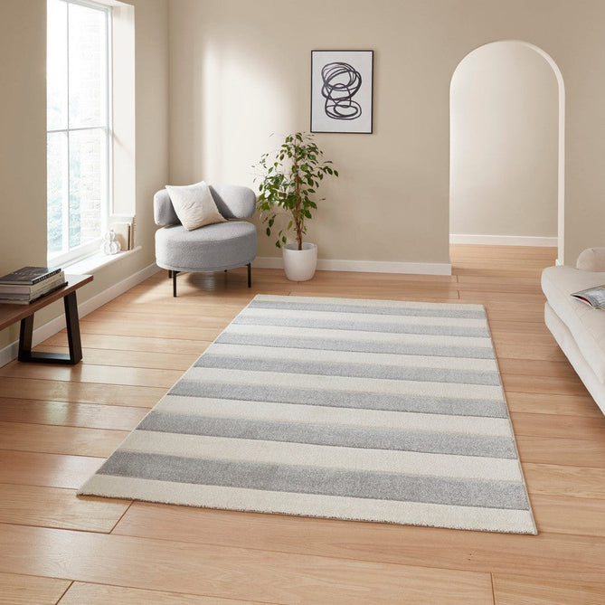 Catherine Lansfield Cove Stripe Modern Linear Durable Easy-Care Carved High Density Polyproplyene Grey/Cream Rug-Think Rugs-Rug Love - The Most Loved Rug Store