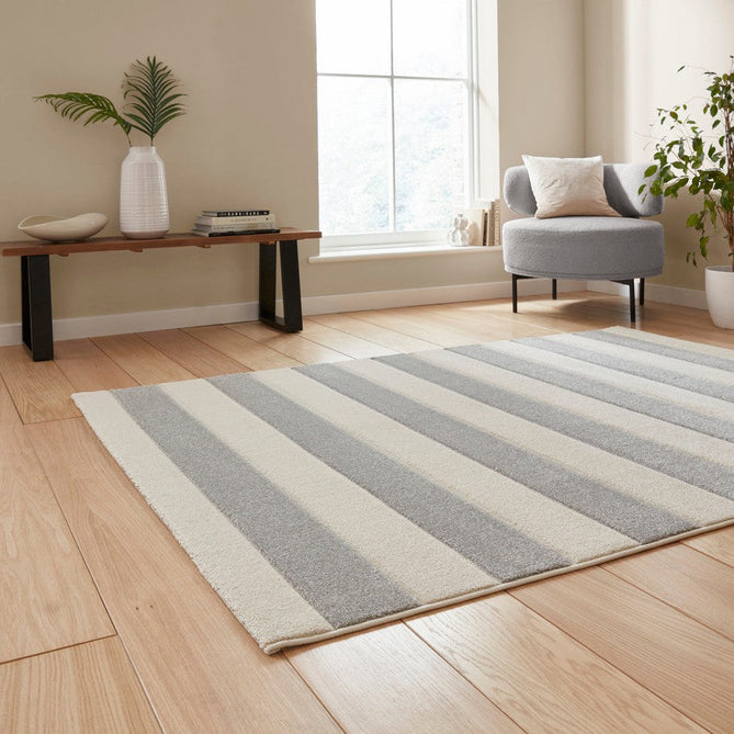 Catherine Lansfield Cove Stripe Modern Linear Durable Easy-Care Carved High Density Polyproplyene Grey/Cream Rug-Think Rugs-Rug Love - The Most Loved Rug Store
