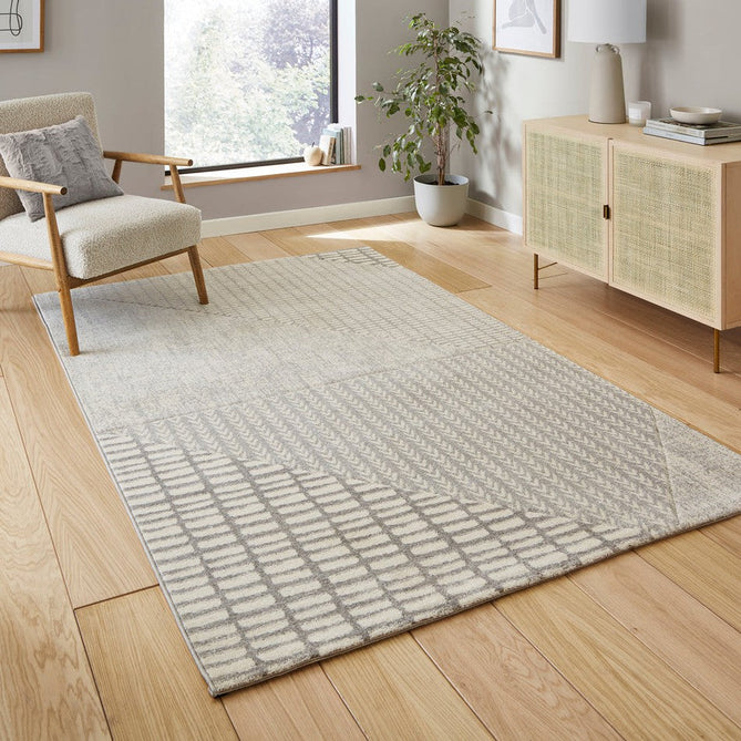 Catherine Lansfield Larsson Modern Abstract Durable Easy-Care Carved High Density Polyproplyene Grey/Cream Rug-Think Rugs-Rug Love - The Most Loved Rug Store