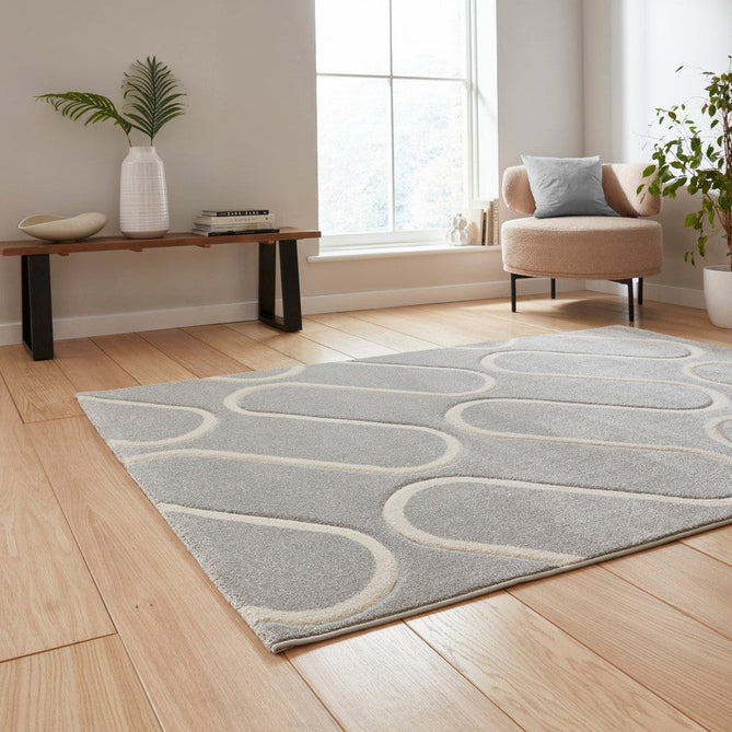 Catherine Lansfield Linear Curve Modern Geometric Durable Easy-Care Carved High Density Polyproplyene Grey/Cream Rug-Think Rugs-Rug Love - The Most Loved Rug Store