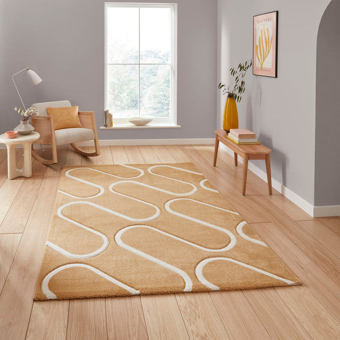 Catherine Lansfield Linear Curve Modern Geometric Durable Easy-Care Carved High Density Polyproplyene Ochre/Cream Rug-Think Rugs-Rug Love - The Most Loved Rug Store