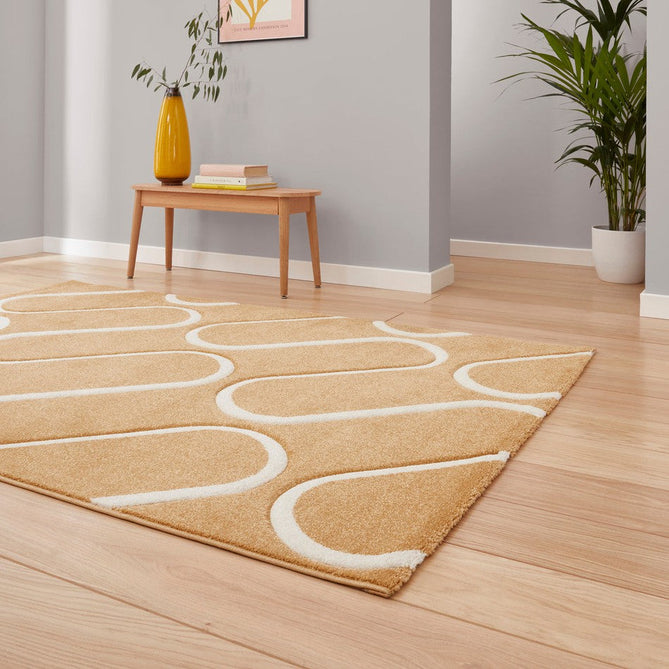 Catherine Lansfield Linear Curve Modern Geometric Durable Easy-Care Carved High Density Polyproplyene Ochre/Cream Rug-Think Rugs-Rug Love - The Most Loved Rug Store