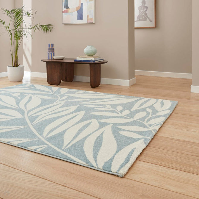 Catherine Lansfield Sorral Leaves Modern Botanical Floral Durable Easy-Care Carved High Density Polyproplyene Blue/Cream Rug-Think Rugs-Rug Love - The Most Loved Rug Store