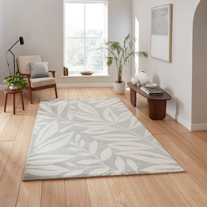 Catherine Lansfield Sorral Leaves Modern Botanical Floral Durable Easy-Care Carved High Density Polyproplyene Grey/Cream Rug-Think Rugs-Rug Love - The Most Loved Rug Store