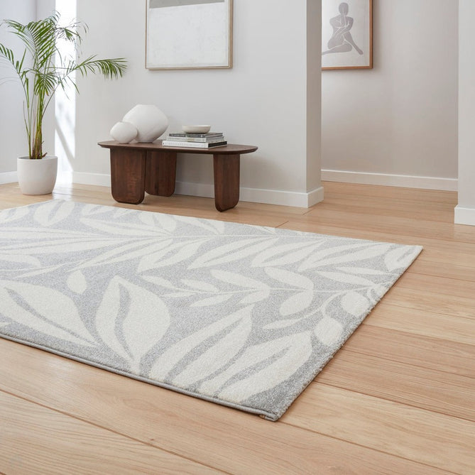 Catherine Lansfield Sorral Leaves Modern Botanical Floral Durable Easy-Care Carved High Density Polyproplyene Grey/Cream Rug-Think Rugs-Rug Love - The Most Loved Rug Store