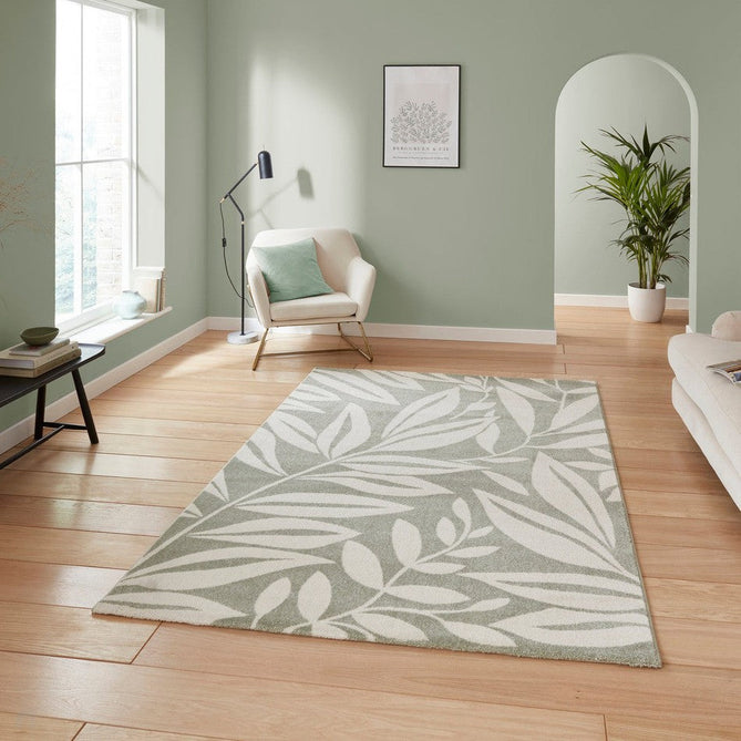 Catherine Lansfield Sorral Leaves Modern Botanical Floral Durable Easy-Care Carved High Density Polyproplyene Light Sage Green/Cream Rug-Think Rugs-Rug Love - The Most Loved Rug Store