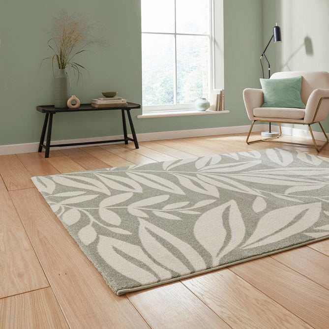 Catherine Lansfield Sorral Leaves Modern Botanical Floral Durable Easy-Care Carved High Density Polyproplyene Light Sage Green/Cream Rug-Think Rugs-Rug Love - The Most Loved Rug Store