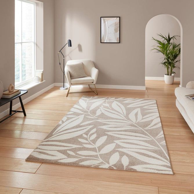 Catherine Lansfield Sorral Leaves Modern Botanical Floral Durable Easy-Care Carved High Density Polyproplyene Natural/Cream Rug-Think Rugs-Rug Love - The Most Loved Rug Store