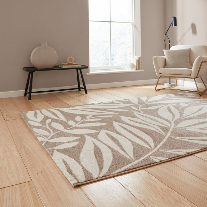 Catherine Lansfield Sorral Leaves Modern Botanical Floral Durable Easy-Care Carved High Density Polyproplyene Natural/Cream Rug-Think Rugs-Rug Love - The Most Loved Rug Store