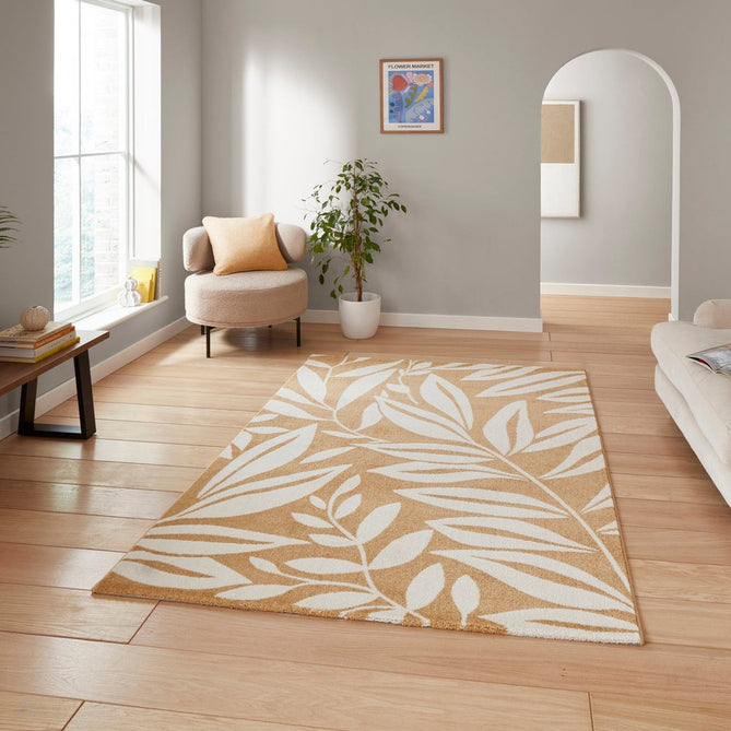 Catherine Lansfield Sorral Leaves Modern Botanical Floral Durable Easy-Care Carved High Density Polyproplyene Ochre/Cream Rug-Think Rugs-Rug Love - The Most Loved Rug Store