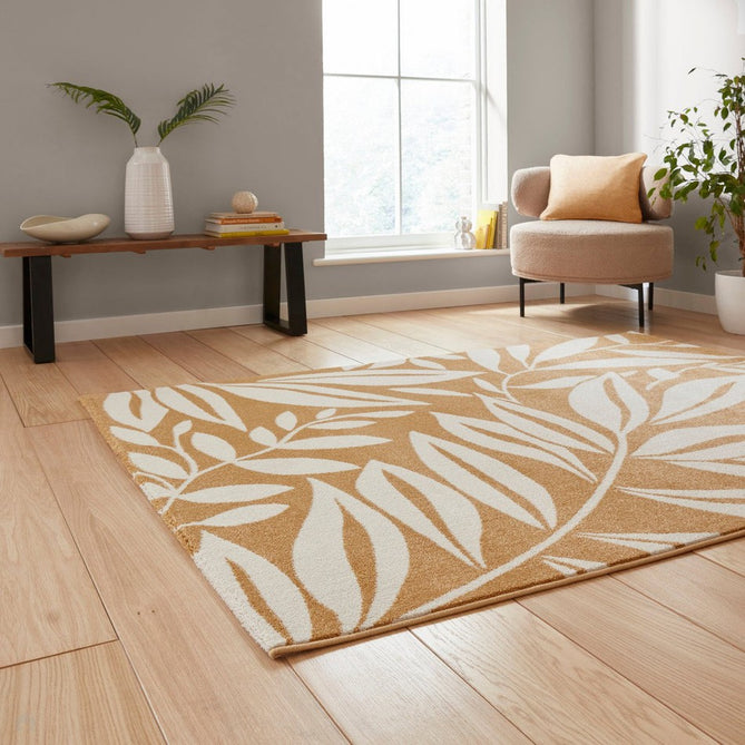Catherine Lansfield Sorral Leaves Modern Botanical Floral Durable Easy-Care Carved High Density Polyproplyene Ochre/Cream Rug-Think Rugs-Rug Love - The Most Loved Rug Store