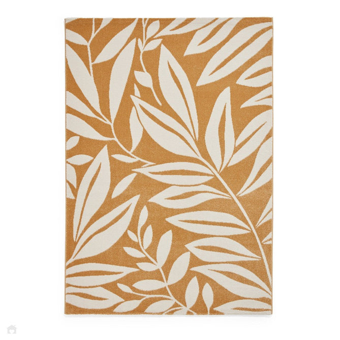 Catherine Lansfield Sorral Leaves Modern Botanical Floral Durable Easy-Care Carved High Density Polyproplyene Ochre/Cream Rug-Think Rugs-Rug Love - The Most Loved Rug Store