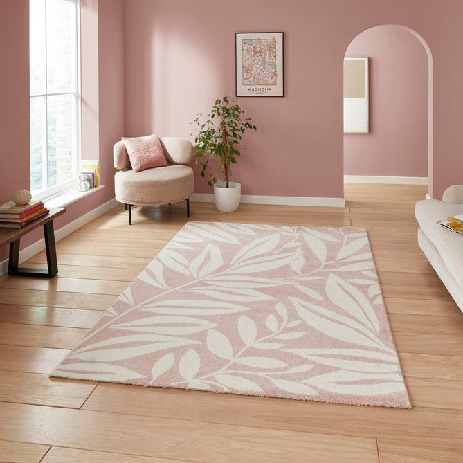 Catherine Lansfield Sorral Leaves Modern Botanical Floral Durable Easy-Care Carved High Density Polyproplyene Rose/Cream Rug-Think Rugs-Rug Love - The Most Loved Rug Store