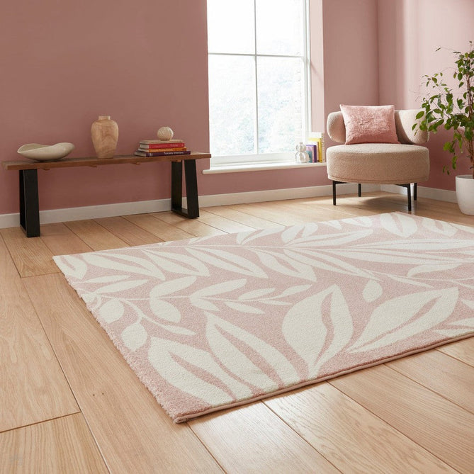 Catherine Lansfield Sorral Leaves Modern Botanical Floral Durable Easy-Care Carved High Density Polyproplyene Rose/Cream Rug-Think Rugs-Rug Love - The Most Loved Rug Store