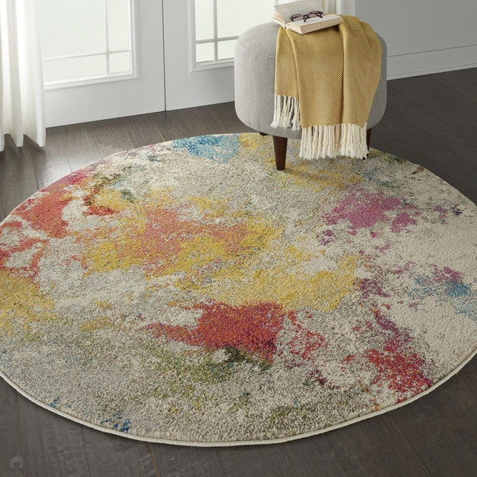 Celestial CES12 Modern Abstract Soft Durable Low Profile Short Pile Ivory/Multicolour Round Rug-Nourison-Rug Love - The Most Loved Rug Store