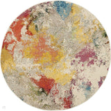 Celestial CES12 Modern Abstract Soft-Touch Low Flat-Pile Ivory/Multicolour Round Rug
