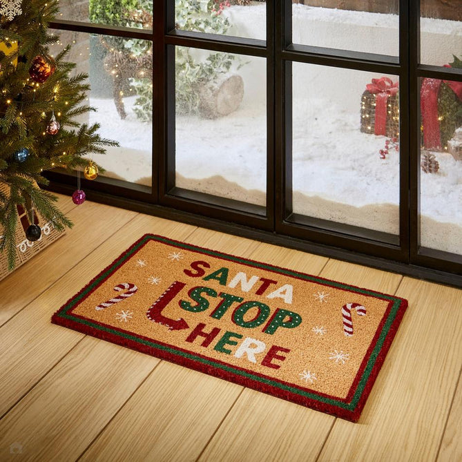 Christmas Coir Santa Stop Here Green/Red Mat-Think Rugs-Rug Love - The Most Loved Rug Store