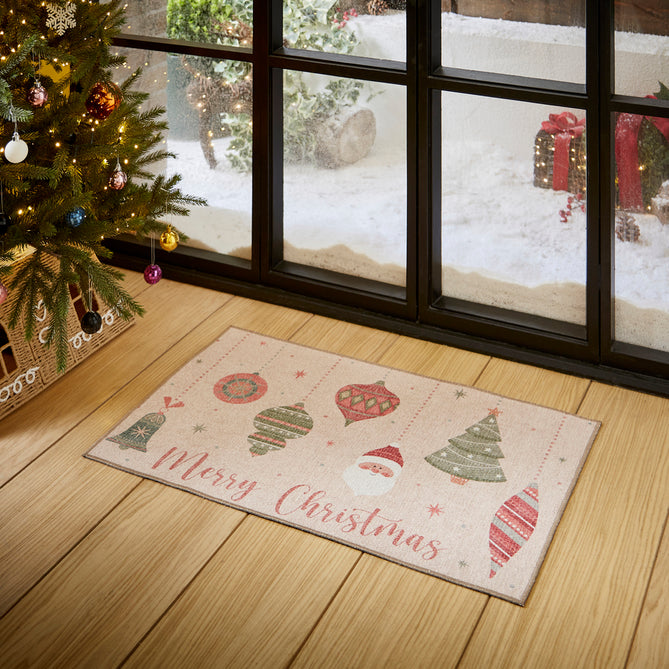 Washable Christmas Baubles Red/Green Flatweave Rug