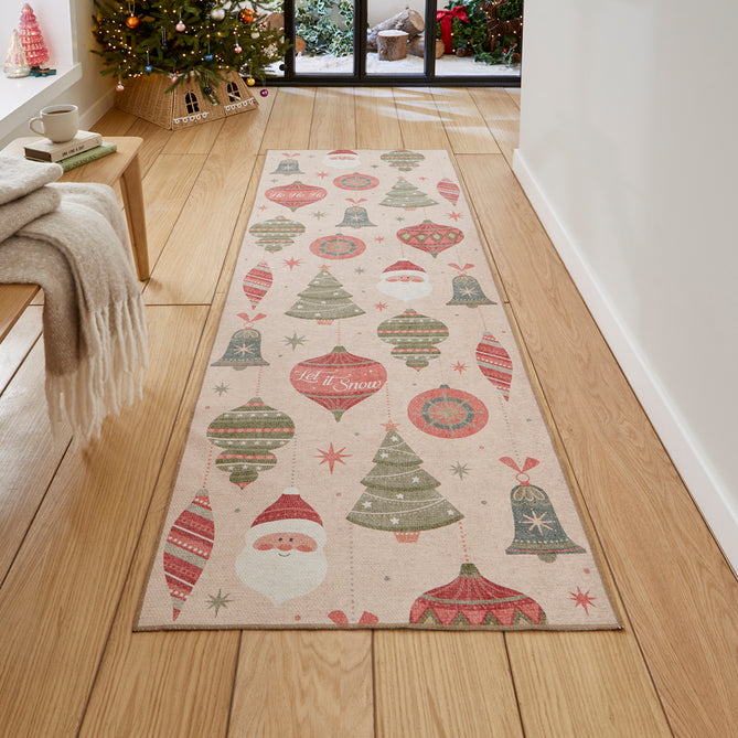 Washable Christmas Baubles Red/Green Flatweave Rug